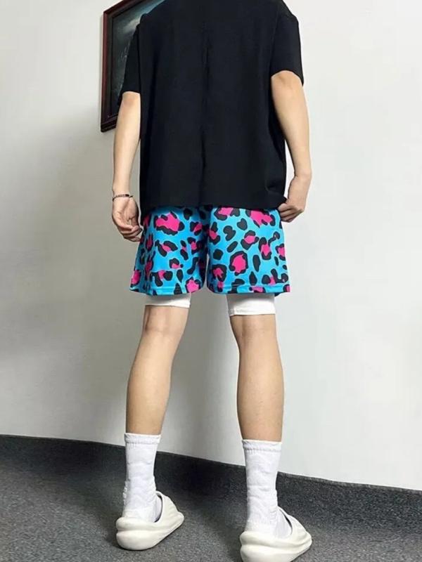 推荐商品：FFOMKE 复古系带松紧腰豹纹网眼高弹运动短裤 NZ-FFNZDK160BW 蓝