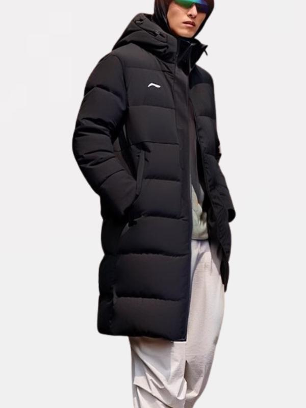 李宁 防风防寒国旗款透气耐磨拉链厚款立体裁剪抗寒加绒连帽长款加厚鸭绒羽绒服 AYMU289 黑