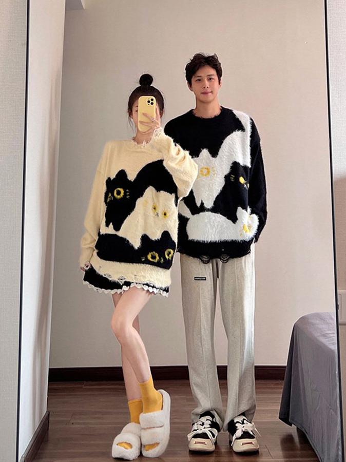 推荐商品：jollight 美式慵懒风搞怪猫咪做旧毛衣 男女同款 AM3-2013 杏