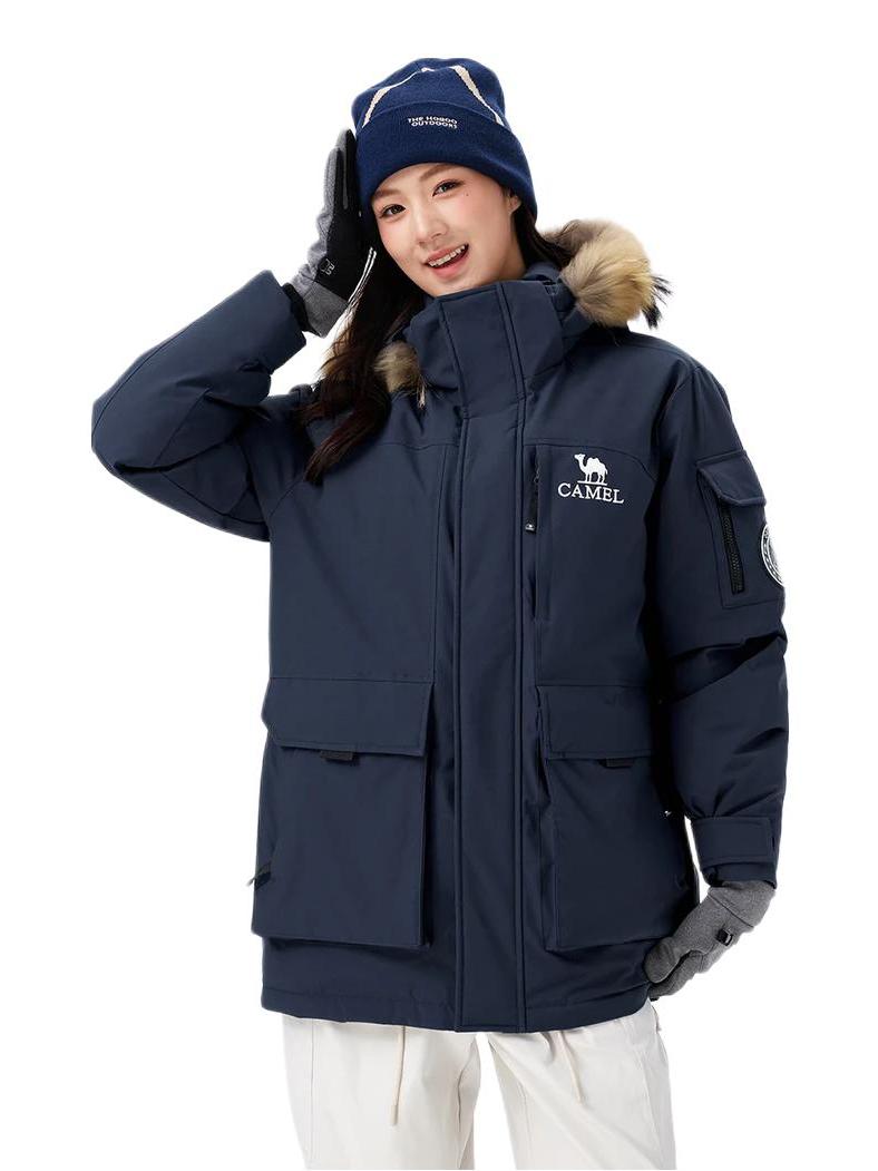 Camel/骆驼 胶囊系列软壳拉链系带中腰直筒流光风工装700蓬防风防水防寒加绒加厚款可拆卸貉子大毛领连帽防钻绒鸭绒羽绒服 A33CAPN145 暮光蓝