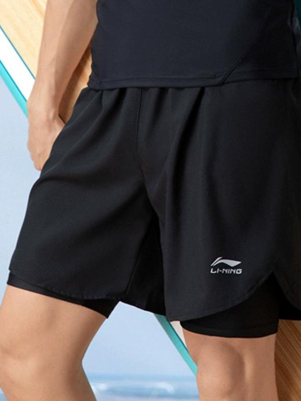 推荐商品：李宁 速干透气三分裤假两件运动短裤 667 黑