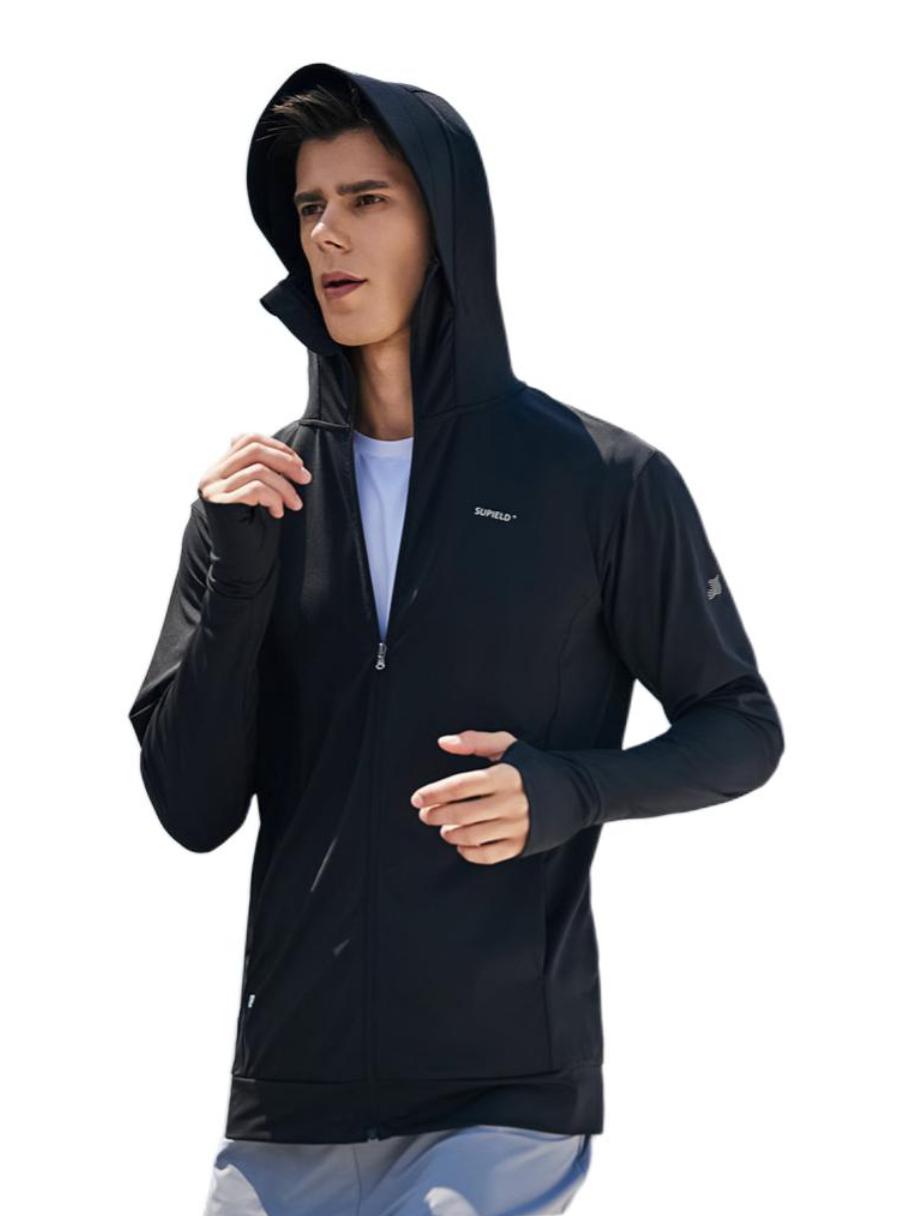 推荐商品：Supield/素湃 全波段防紫外线纯色微弹轻薄连帽防晒衣 男女同款 23WTF306 静谧黑