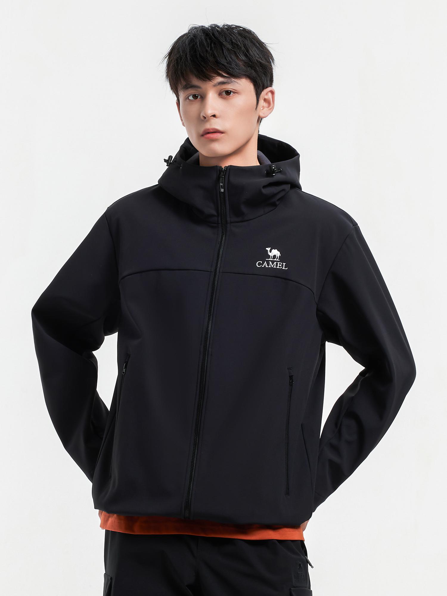 Camel/骆驼行侠三合一防风轻薄款加厚流光风防泼水连帽软壳薄绒保暖加绒锁温抗静电冲锋衣 A15CATG177/A25CATG178 幻影黑/男
