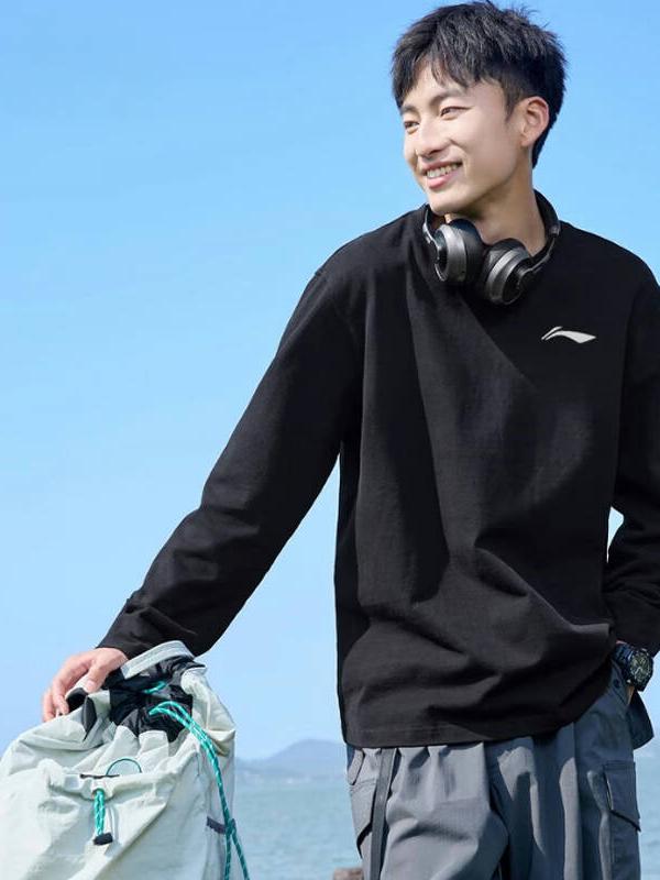 李宁 户外系列速干透气棉质耐磨小标内搭落肩无帽加绒加厚中腰系带直筒套头凉爽圆领卫衣 男女同款 YTLU033 黑