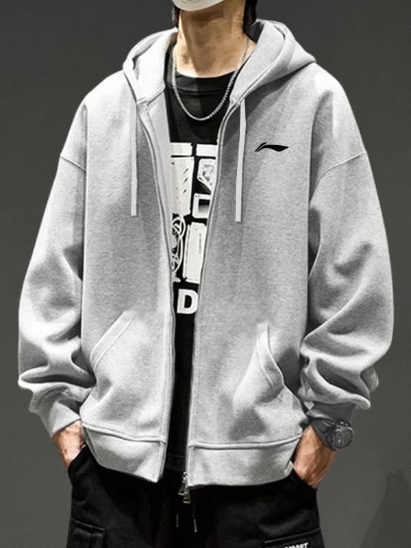 李宁 慵懒风潮流舒适拉链连帽棉质加绒开衫圆领立领加厚套头防风外套卫衣 男女同款 AWDS421 灰