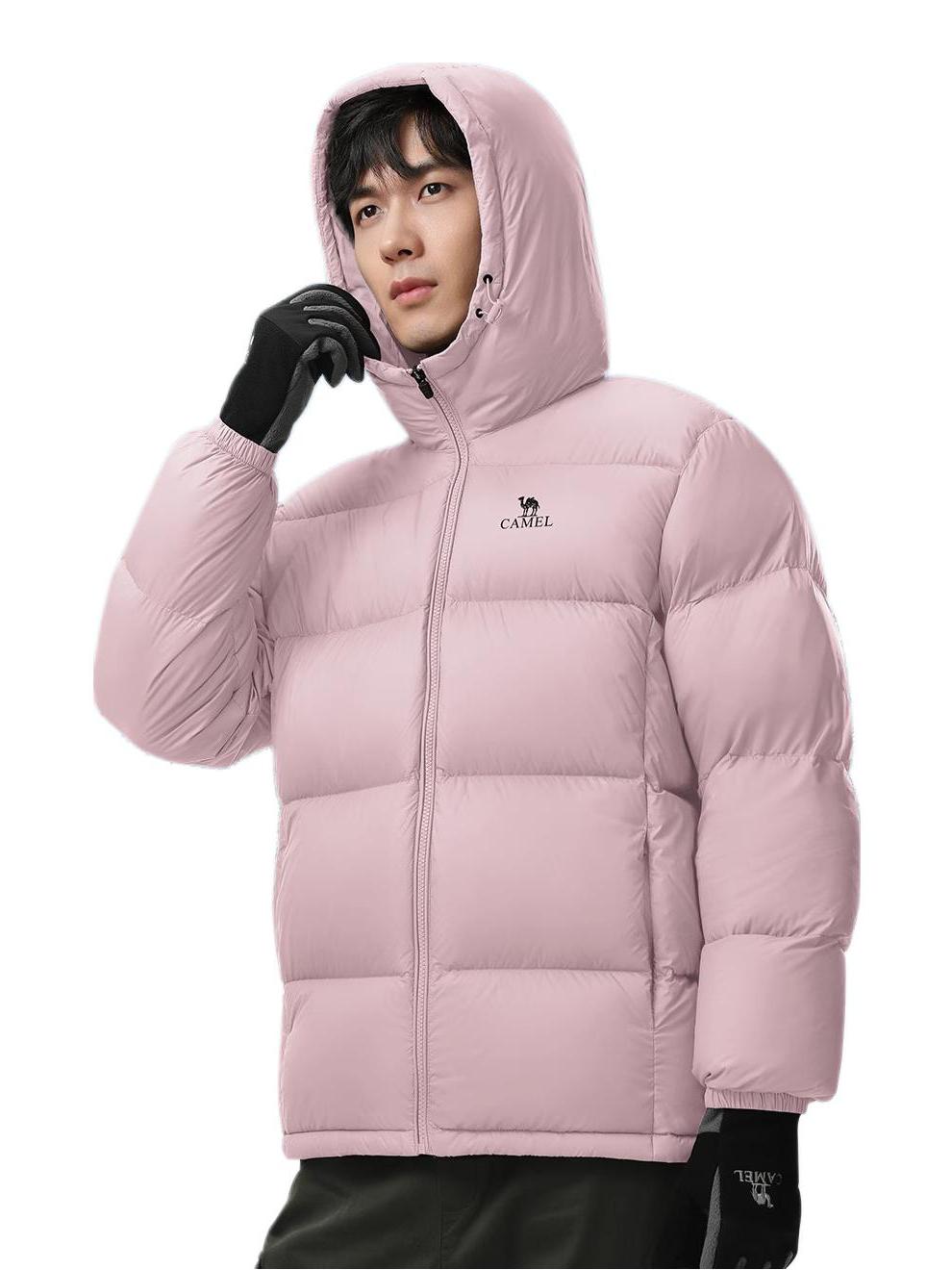 推荐商品：Camel/骆驼 暖绒系列 石墨烯自发热防寒加厚保暖立领连帽高蓬白鸭绒羽绒服 A1W2PN121N5 白玉粉