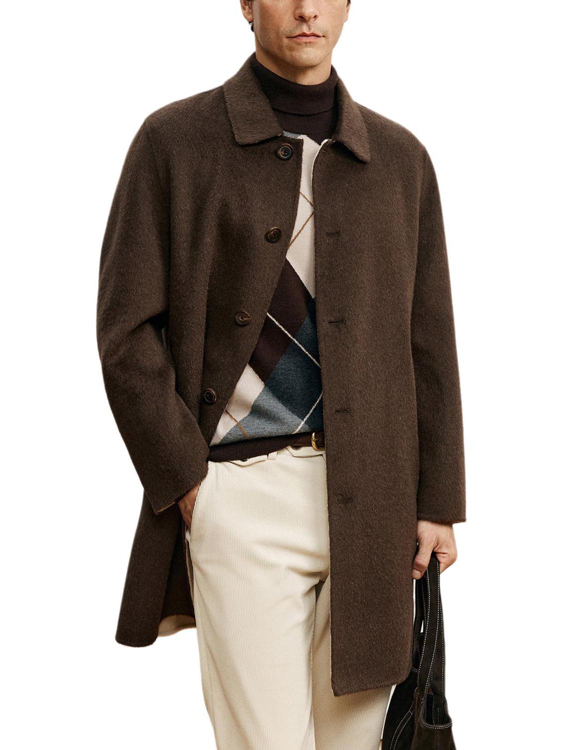 推荐商品：Sanheer/圣赫 中长款单排扣纯色耐磨毛呢外套 DAF207 深咖