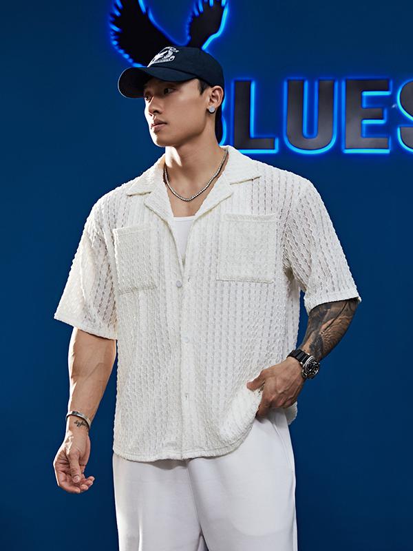 推荐商品：BLUESFLY 复古老钱风镂空针织短袖衬衫 CS24096 白