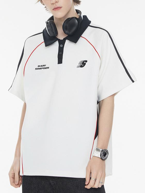 推荐商品：【王奕婷同款】The simpsons/辛普森一家 字母刺绣重磅针织拼接翻领美式条纹短袖Polo衫 SPCPL252F77U 白