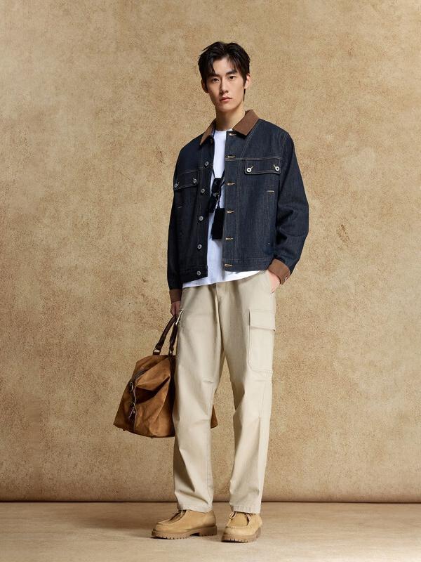 推荐商品：JACK JONES/杰克琼斯 奥特莱斯水洗牛仔外穿撞色刺绣翻领直筒夹克 224357020 深牛仔蓝 