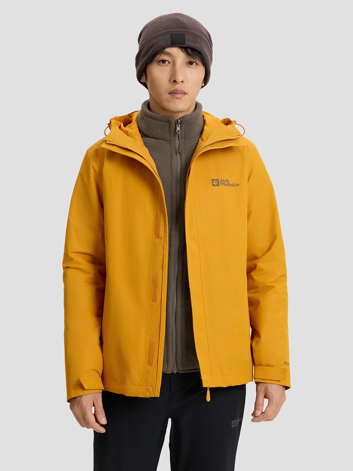 推荐商品：Jack Wolfskin CRUSH'IN 户外防风防水防寒保暖透气摇粒绒三合一冲锋衣 5012776 黄/三合一
