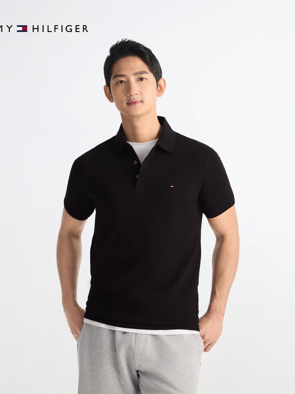 推荐商品：Tommy Hilfiger/汤米希尔费格 镶边小绣标修身透气珠地棉网眼短袖POLO衫 78J9197 暗夜黑