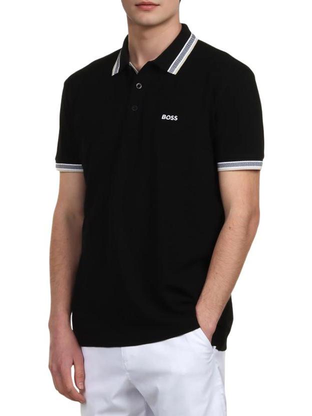 推荐商品：Hugo Boss 徽标Logo刺绣条纹字母印花细节纽扣饰边棉质合身直筒翻领套头短袖polo衫 50469055 木炭黑