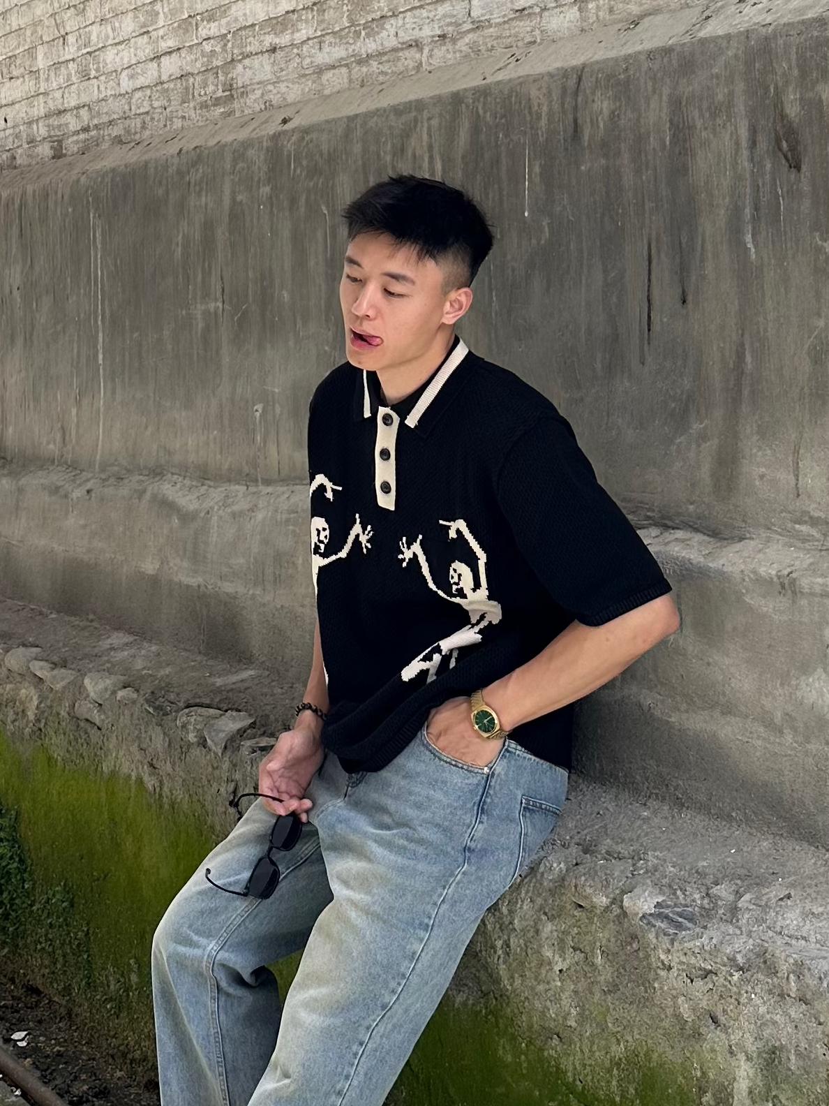 推荐商品：24h7 编织提花落肩袖拼接短袖Polo衫 24H72403 黑