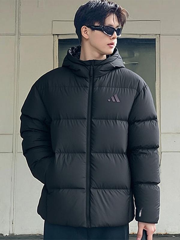 adidas 2025AW 美式流光风防风立领棉羽三条纹御寒拒水加厚保暖技术防寒鸭绒连帽羽绒服 KC2478 黑