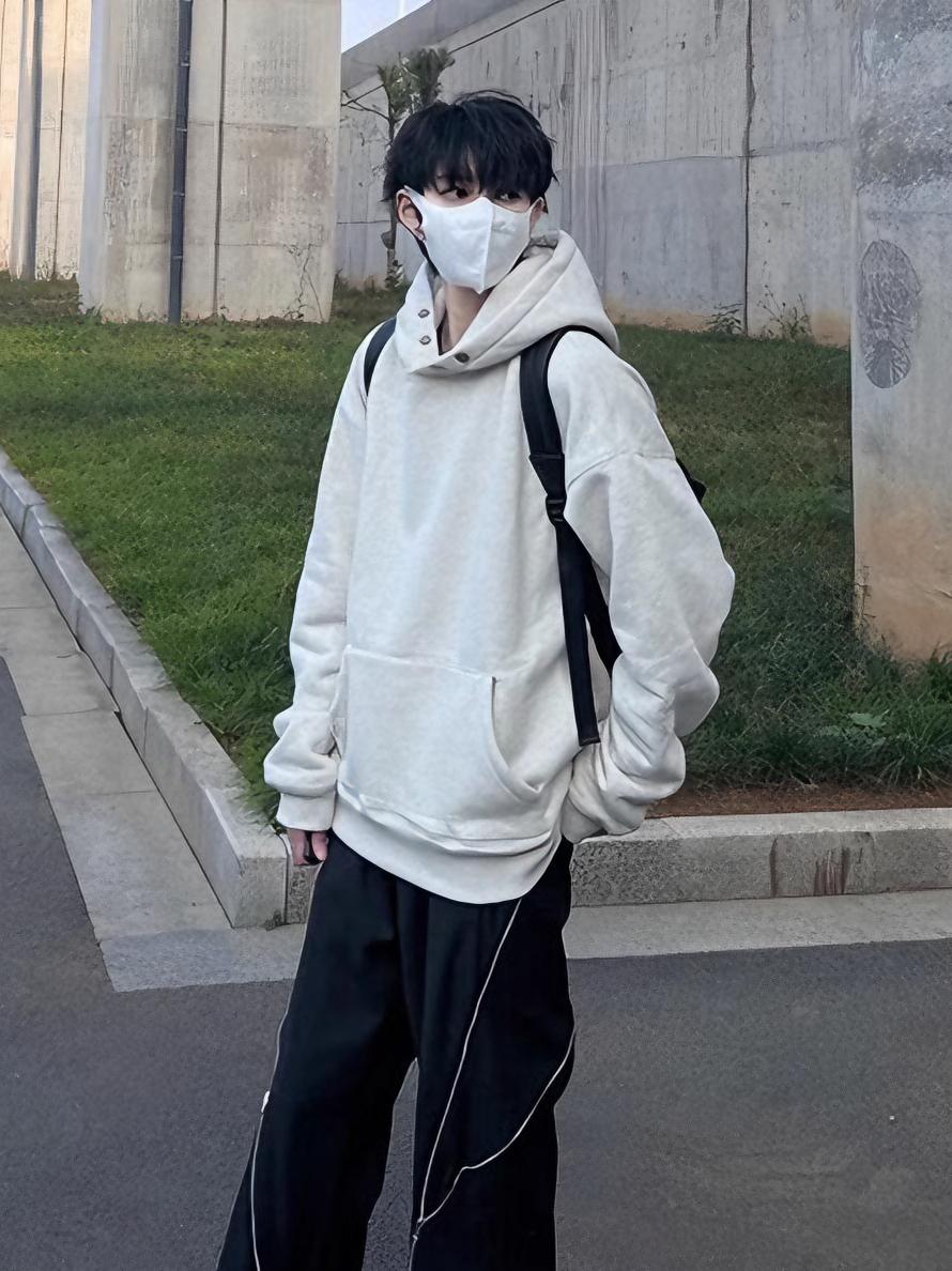 推荐商品：mianzhi/棉致  美式纯色重磅加厚加绒耐磨纽扣连帽宽松卫衣 男女同款 E08 浅灰/加绒