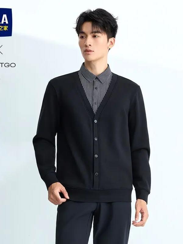 推荐商品：HLA/海澜之家 双领轻商务通勤风商务型针织衫 HNTHW3J017A 黑