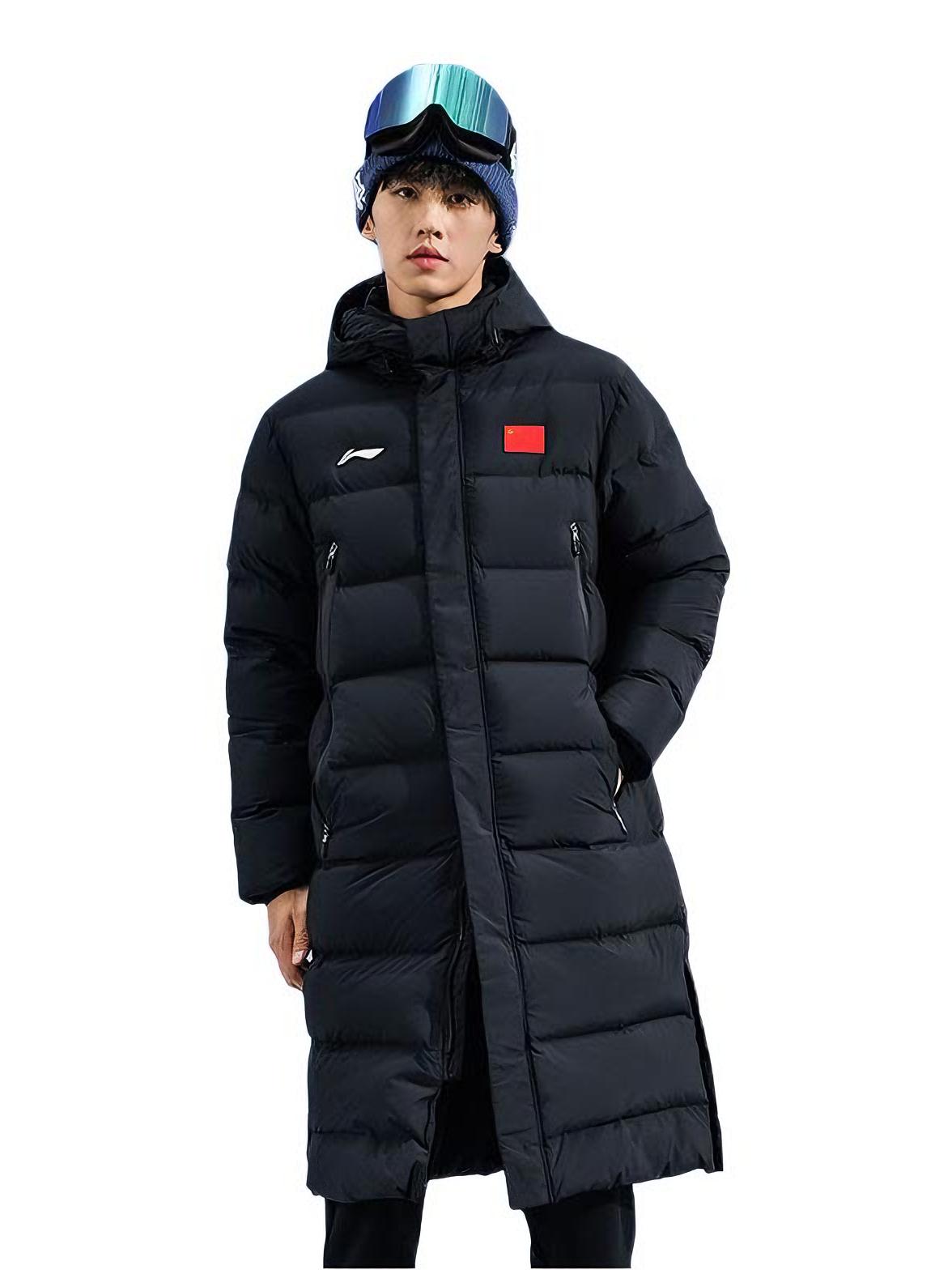 李宁 2025AW 羽毛球系列拉链加绒防风带旗魔术贴国旗款鸭绒加厚带国旗贴外穿连帽保暖长款羽绒服 AYMV137  黑