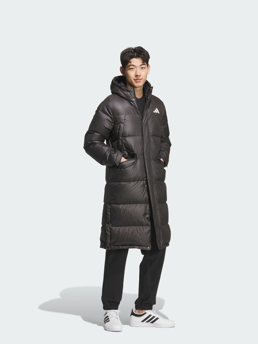 推荐商品：Adidas/阿迪达斯 防寒保暖连帽长款羽绒服 KF2143 KF4396 黑