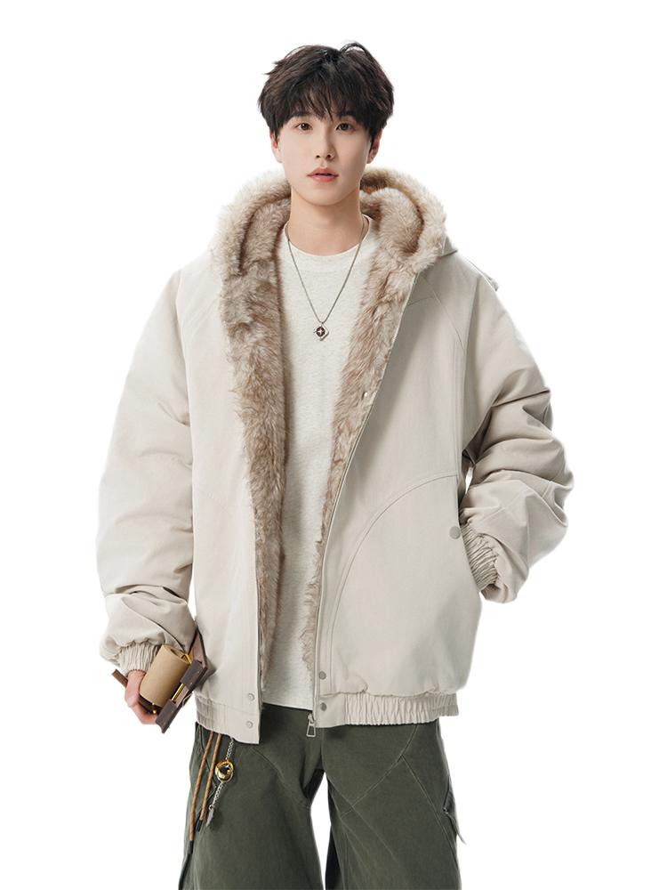 推荐商品：V37 美式vintage毛领长袖连帽棉服 V37-5D4089 白灰