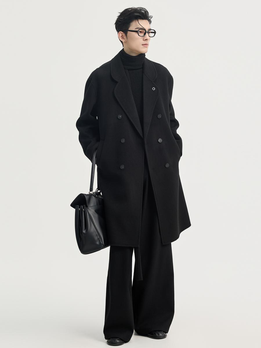 推荐商品：【郑业成同款】伯爵卓尔 中长款双面羊绒毛呢外套 P541523 月夜黑