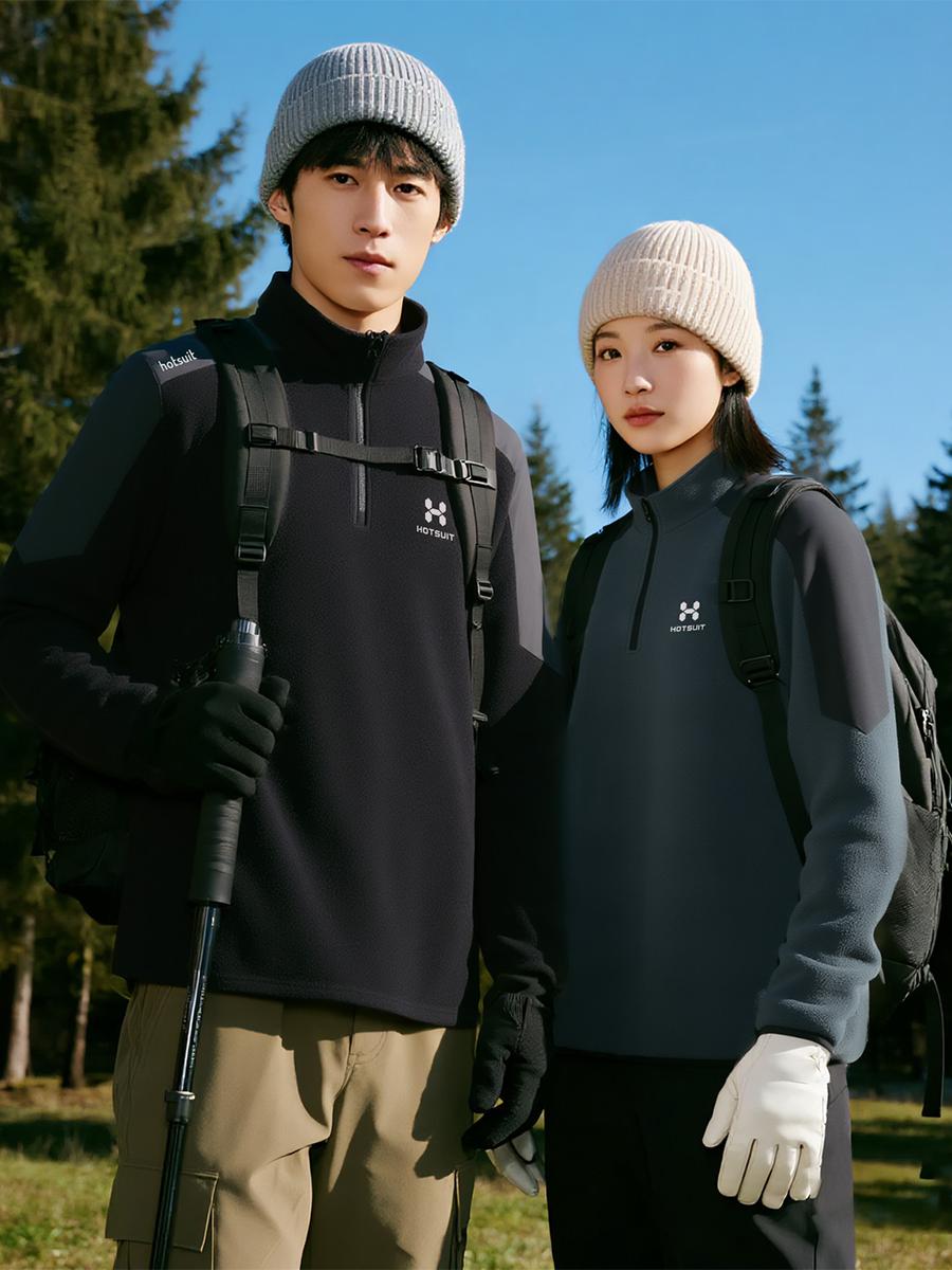 推荐商品：hotsuit 保暖半拉链立领长袖抓绒衣 VHB068 黑