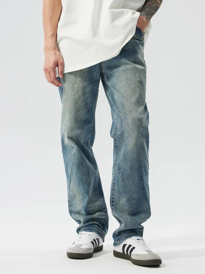 推荐商品：【谢彬彬同款】新因素 美式复古穿搭水洗做旧直筒新派修身vibe阔腿微喇牛仔长裤 X9375 水洗蓝