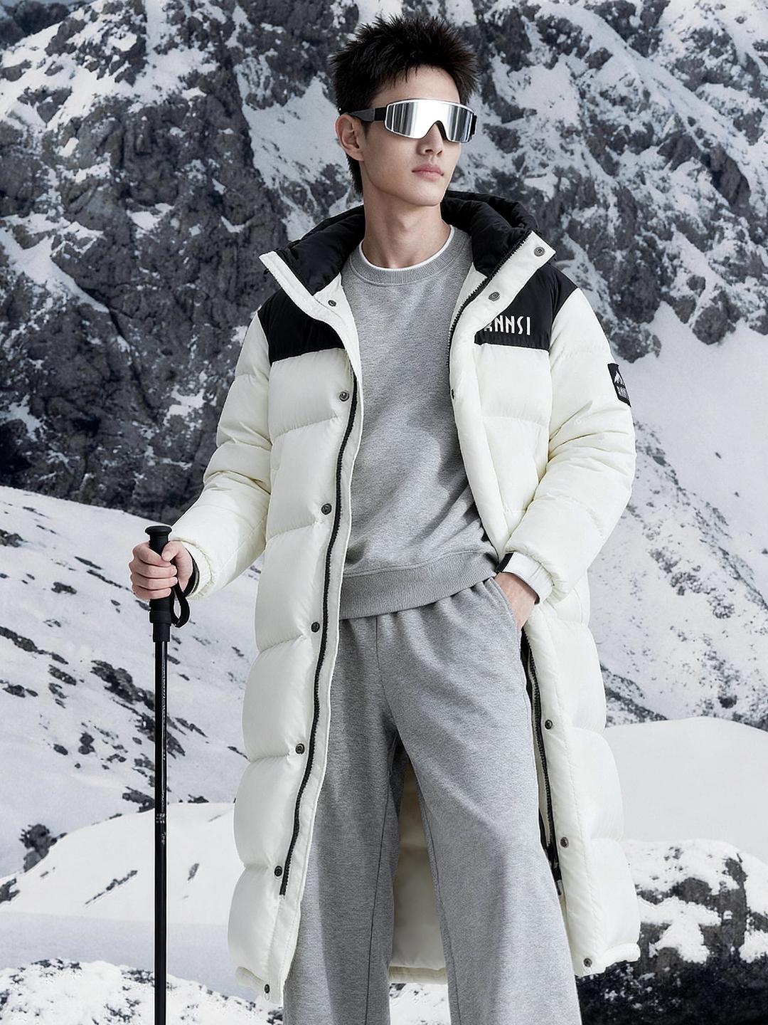 推荐商品：罗上 保暖鸭绒长款羽绒服 L305 黑拼白