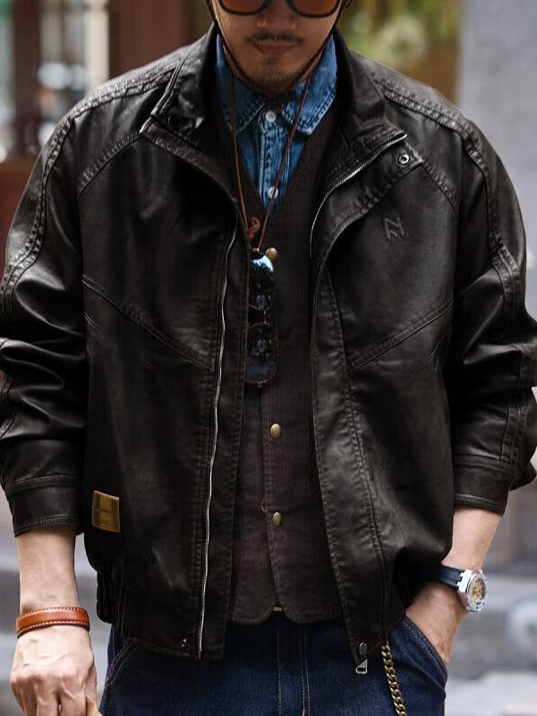 推荐商品：Romon/罗蒙 纯色立领复古保暖皮衣 KDKJ034 黑