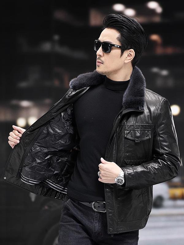 推荐商品：KAISER/凯撒 商务水貂毛牛皮长袖皮衣 XNJ2801 黑