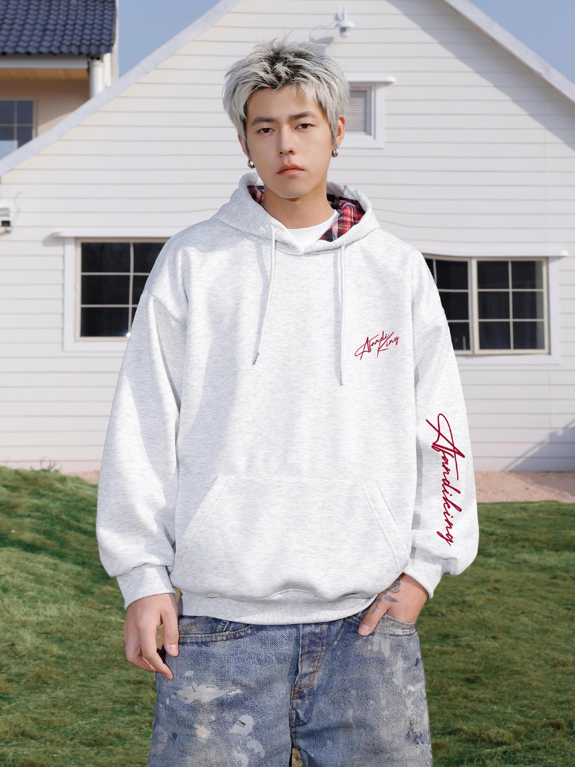 推荐商品：阿凡迪 字母LOGO亲肤落肩长袖套头格纹连帽卫衣 ASWJN1-6836-630 花灰