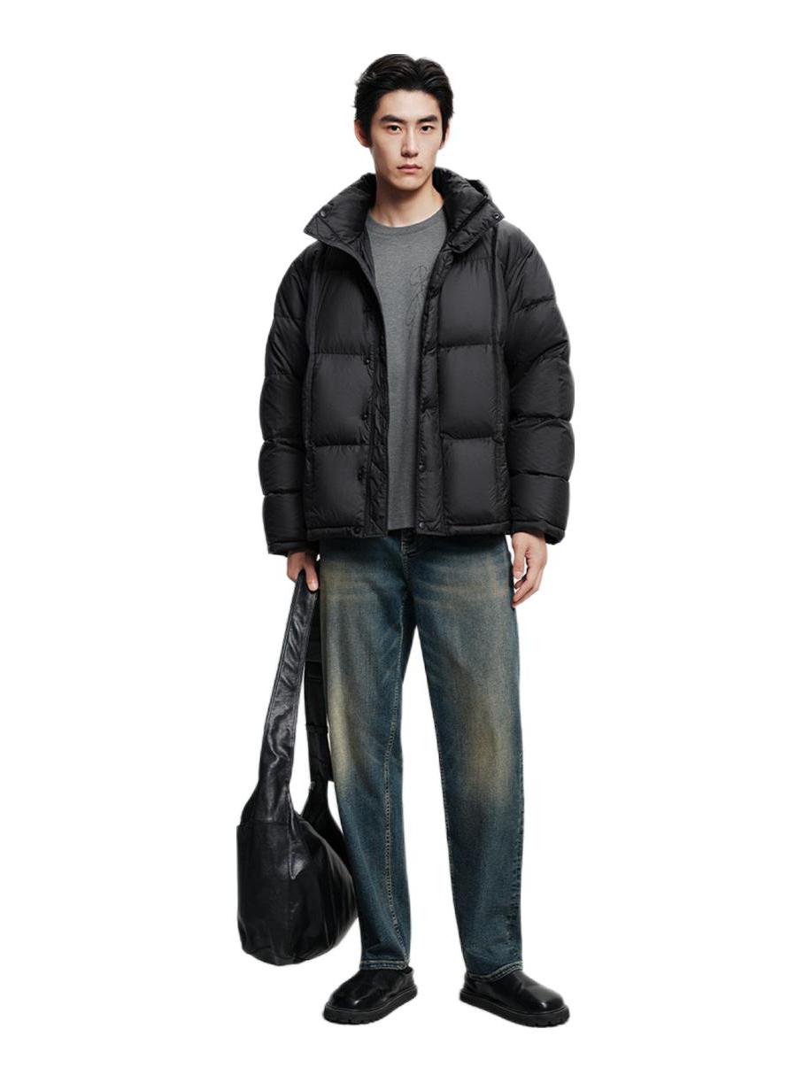 推荐商品：【余三火同款】PEACEBIRD/太平鸟 防寒轻蓬短款可拆卸连帽95%绒子高充绒白鸭绒阔型排骨羽绒服 BWACD4249 黑