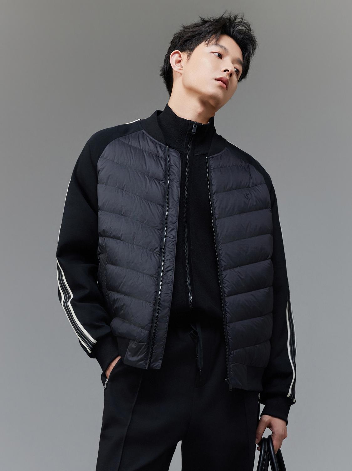 推荐商品：Cabbeen/卡宾 柔软拉链保暖棒球领长袖羽绒服 3254141038 煤黑