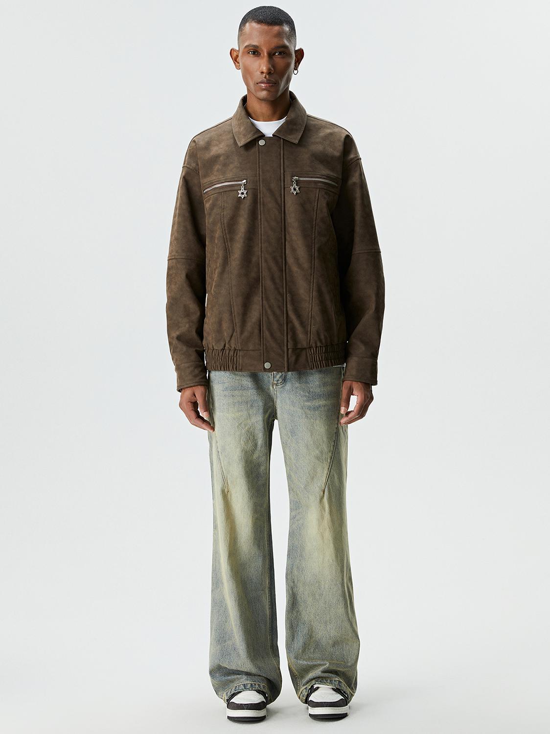 推荐商品：BEEHIVES 拉链翻领落肩长袖皮衣 BEJK017 褐