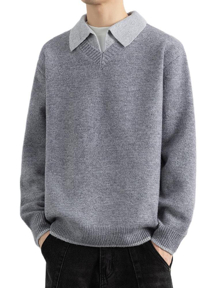 推荐商品：迈特优 老钱风假两件V领长袖毛衣 灰