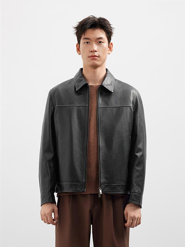 推荐商品：GXG 慵懒风牛皮翻领皮衣 G25D123001 黑