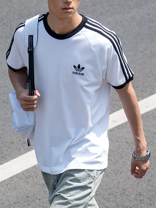 推荐商品：adidas Originals/三叶草 Adicolor系列拼接圆领棉质刺绣三条纹短袖T恤 白