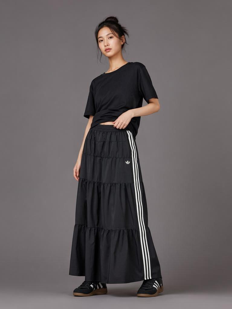 推荐商品：adidas Originals/三叶草 条纹透气耐磨半身长裙 女装 KY5728 KY5729 黑