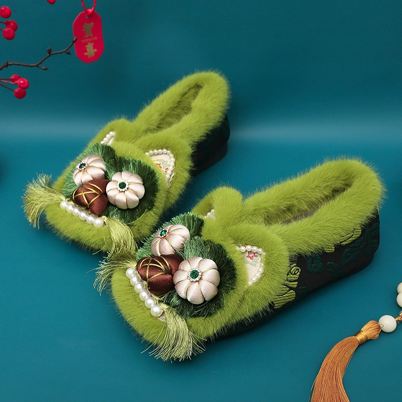 推荐商品：虎头鞋 棉鞋 保暖软底一脚蹬 加绒/女款/绿色