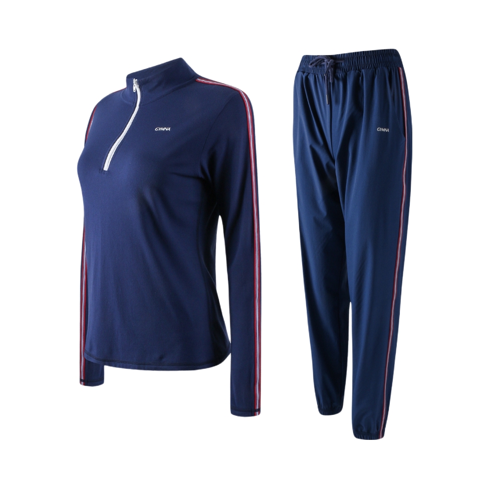 推荐商品：GYMNA 吸湿排汗九分裤套头线条运动套装 女装 TZ1203 藏蓝