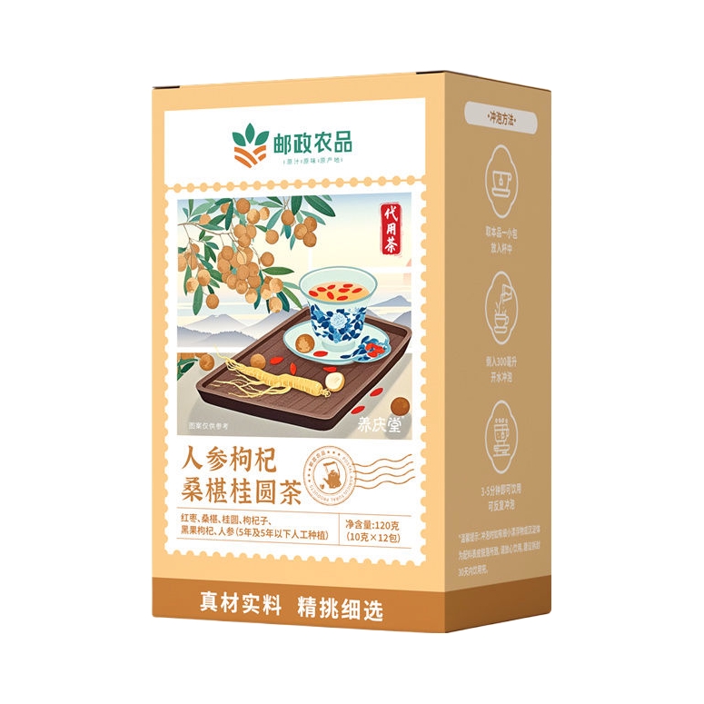 推荐商品：邮政农品 人参枸杞桑椹桂圆茶 盒装 拒绝熏硫手工挑选