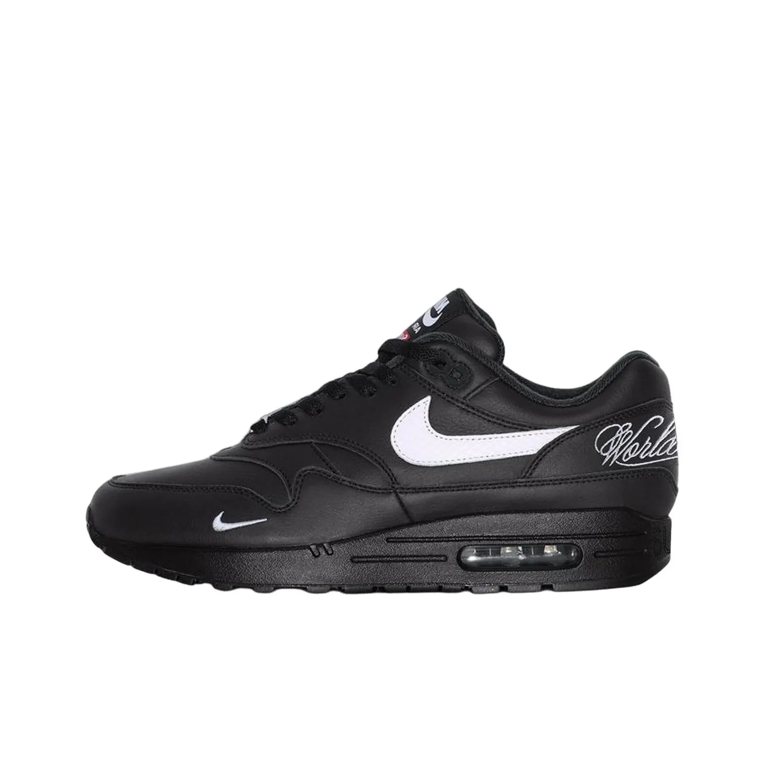 推荐商品：Nike Air Max 1 跑鞋 气垫缓震透气轻便复古运动舒适百搭潮流耐磨低帮训练防滑冬季支撑马拉松防水抓地圆头耐穿 Supreme联名/黑色