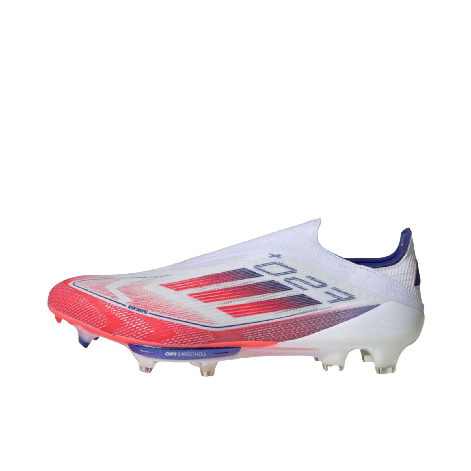 推荐商品：adidas F50+ Laceless FG 超顶级 胶质长钉 天然硬草地 耐用防滑耐磨 足球鞋 白色/红色