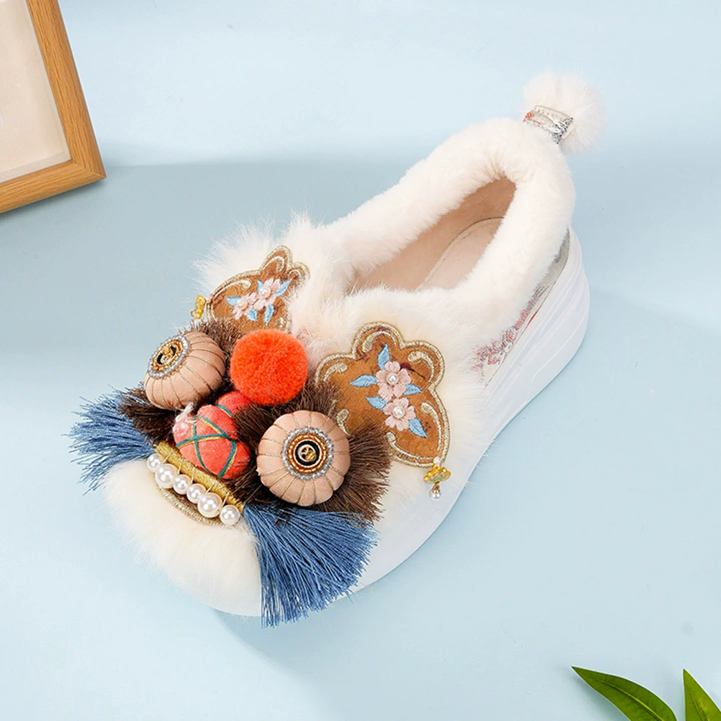 推荐商品：虎头鞋 棉鞋 平底舒适时尚休闲 加绒/厚底6cm/女款/蓝色