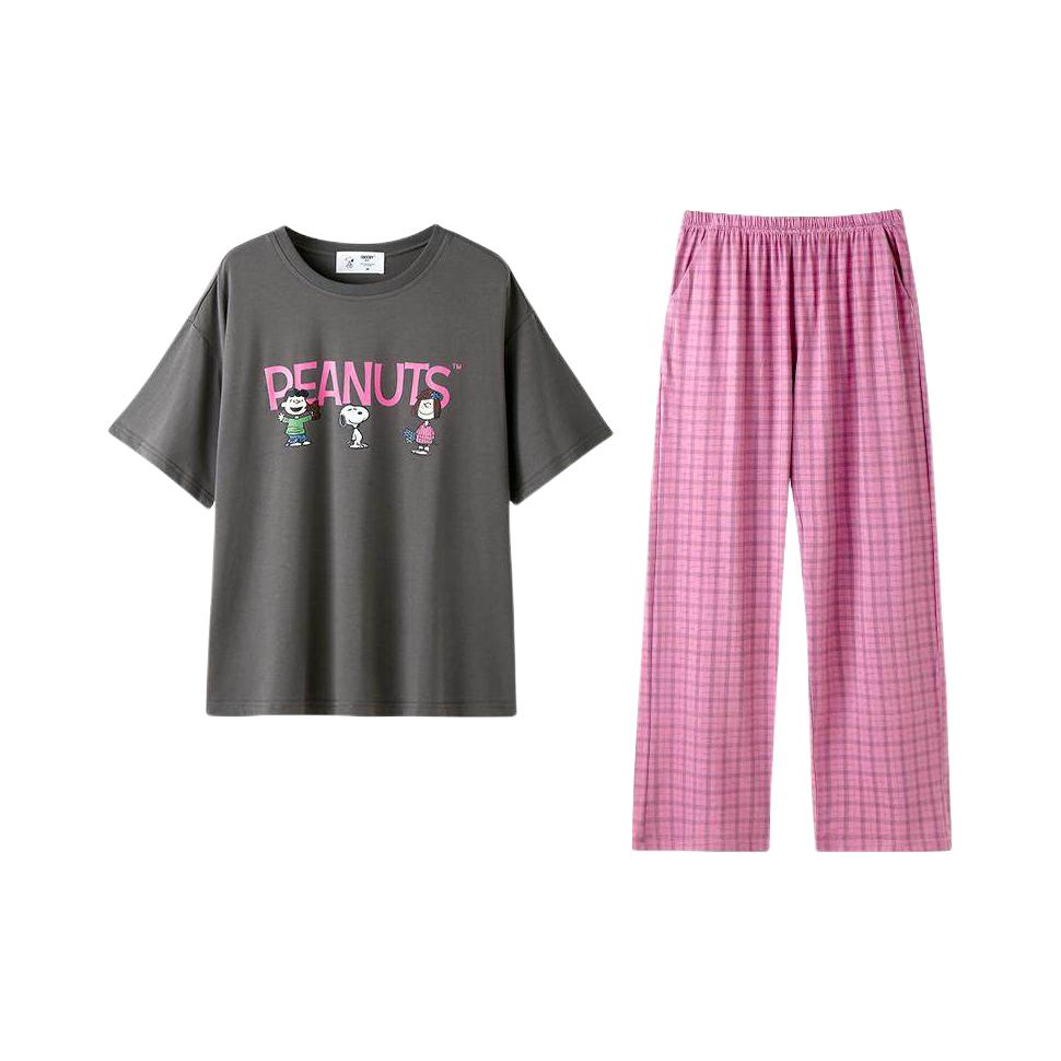 推荐商品：贝妍 x 史努比 联名棉质薄款透气凉爽短袖睡衣 女装 D10060 灰上装+粉下装