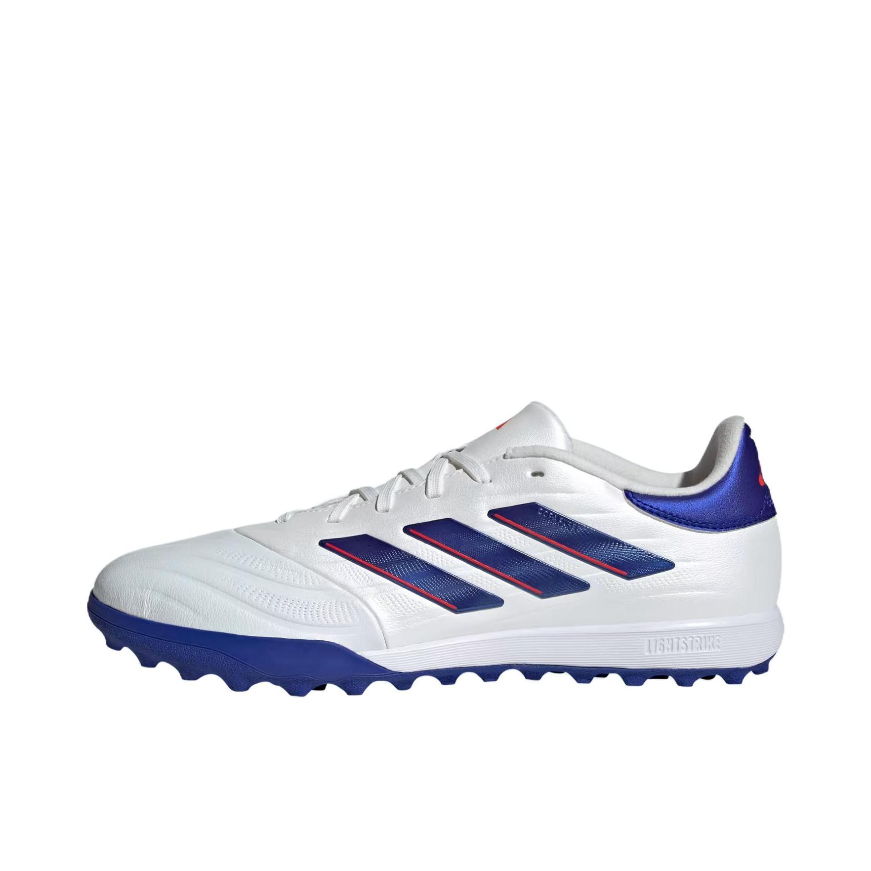 推荐商品：adidas Copa Pure 2 League TF 中端 胶质碎钉 人造草地 轻便耐磨 足球鞋 白色/蓝色