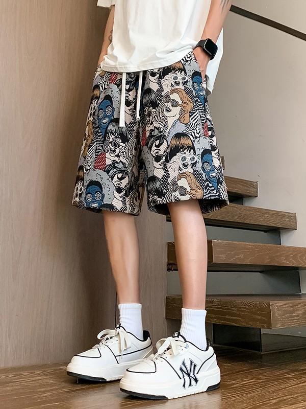 推荐商品：PDKN 新中式国潮风日系复古小香风嘻哈做旧花卉刺绣抽绳薄款五分休闲短裤 PDKN2334K208 刺绣人