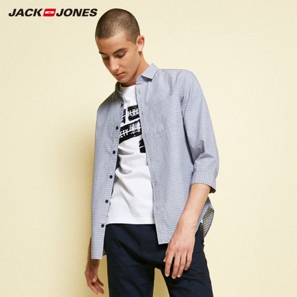 商场同款！杰克琼斯男装青年修身条纹尖领七分袖衬衫衣