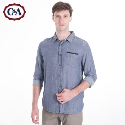轻薄休闲！C＆A 男式双层纯棉七分袖衬衫 CA200161885