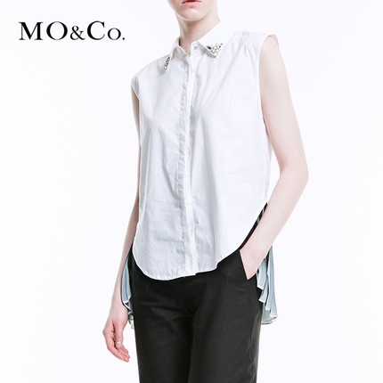 气质！MO&Co.无袖衬衫女中长款压褶拼接钉珠